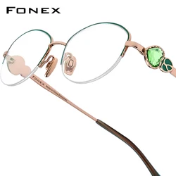 FONEX 여성용 티타늄 안경테, 럭셔리 브랜드 디자이너, 다이아몬드 트림, 세미 무테 안경 하이 퀄리티, 일본 안경 6123