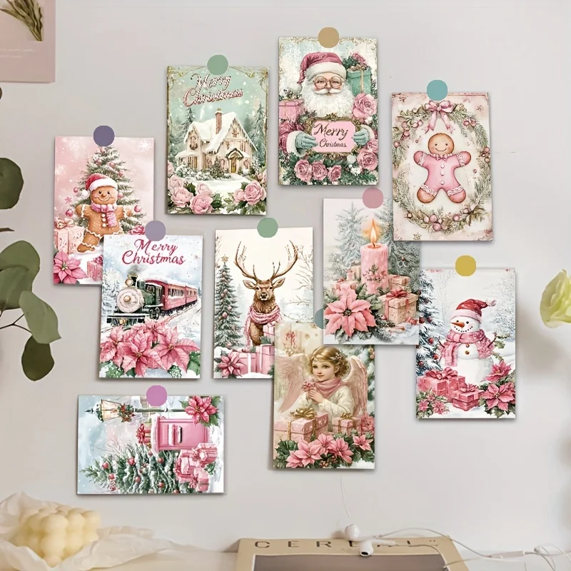 Tarjetas de Navidad rosas Retro, pegatinas de pared Retro de alce para Festival de invierno, carteles, postales, decoraciones de pared de habitación, 10 Uds.