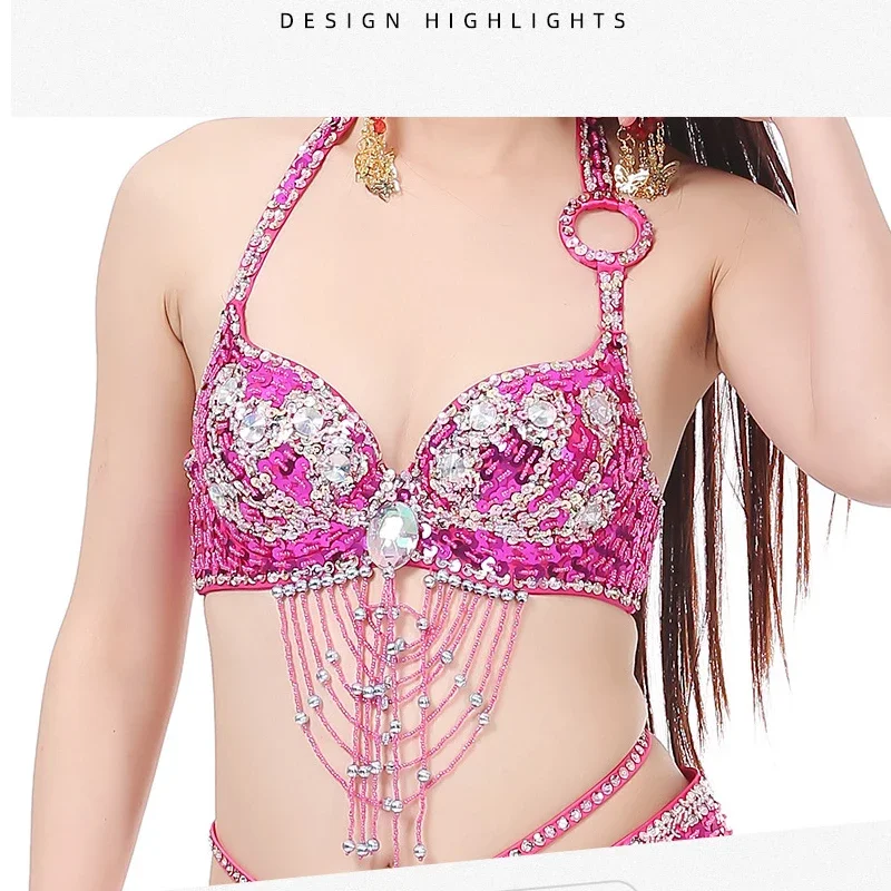 Belly Dance Costume Handmade Beads Bra Belt and Skirt 3 Pieces Set Stage Performance Suit Personal Training Practice Clothes