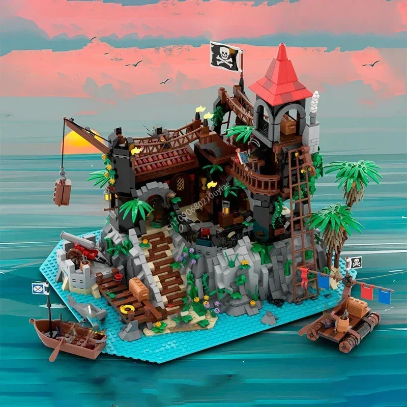 Moc Pirate's Bay Building Blocks Pirate Treasure Island Skull Bay DIY Construction Streetview Bricks Toys Kids Creative Gift