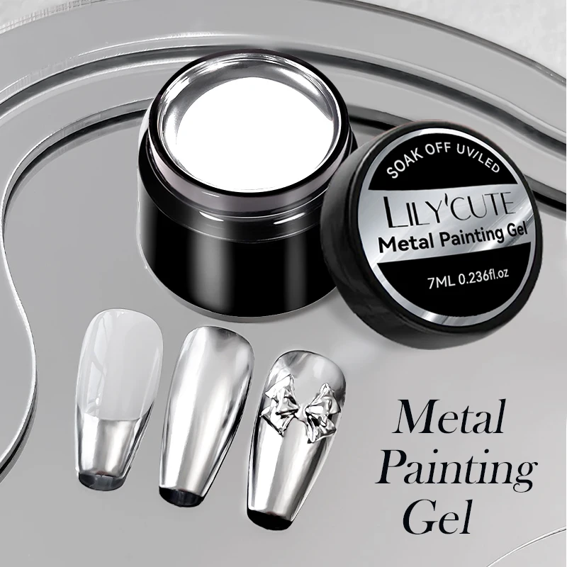 LILYCUTE Metallic Gel Polish Silver Chrome Super Bright Mirror Effect French Line Flower Drawing Painting Gel Polish Nails Art