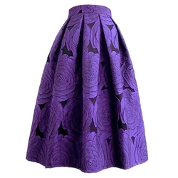 Rose Purple Floral Elegant Chic High Waist Ball Gown Loose Women's Skirt Knee-Length Long Skirts For Women Clothing Fashion 2025
