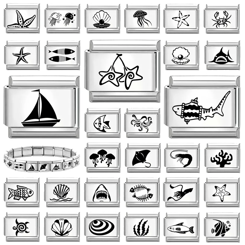 Sailing Boat Cherry Stars Fish Laser Engraving Italian Charm Links Fit 9mm Bracelet Stainless Steel Men Women DIY Making Gifts