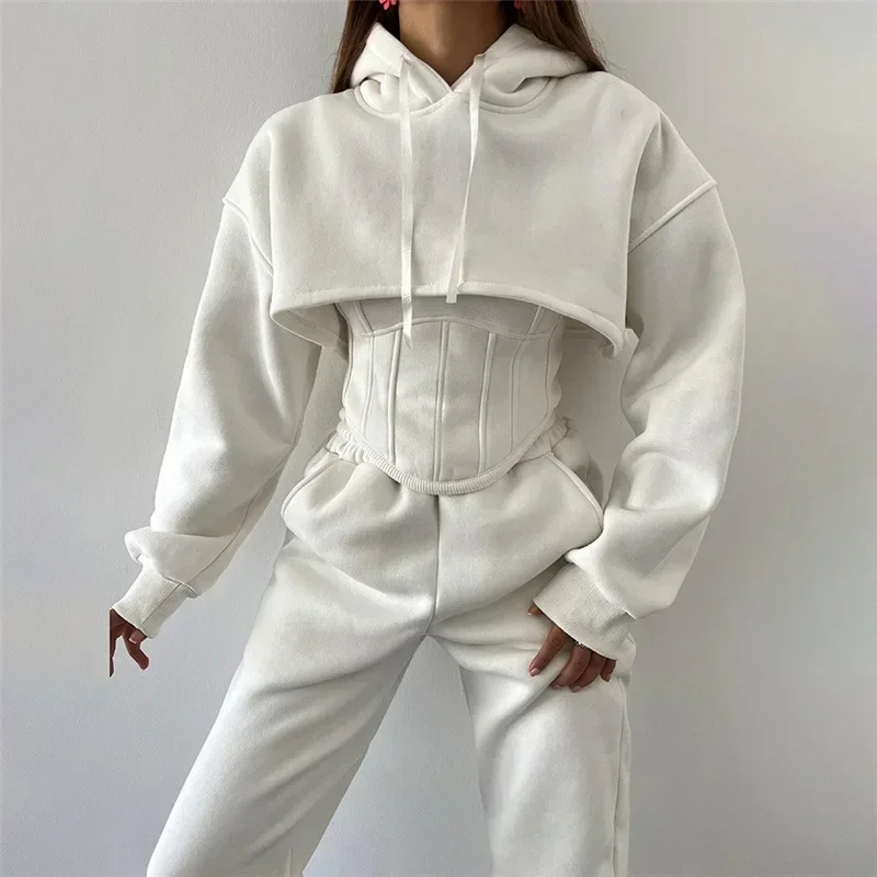 Neue Schnürhosen-Sets für Damen, schlanke, einfarbige, gespleißte Tanktops, Damen-Langarm-Kurz-Hoodies und Hosenanzüge, Damen-Outfits für den Winter