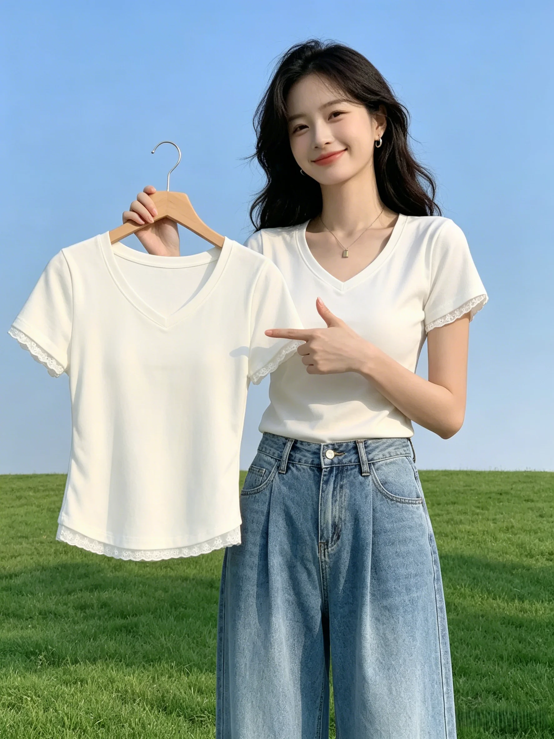 

Summer New Women's Short Sleeve T-Shirt 95 Cotton V-Neck Big Size Slim Fit Top Breathable Comfortable Casual Cotton Tee