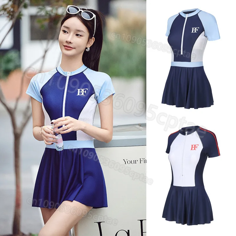 

Новый летний женский слитный спортивный купальник больших размеров с коротким рукавом для горячих источников