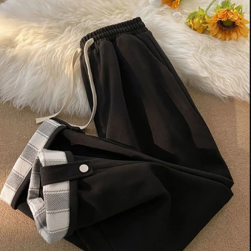 Women's Clothing Elastic Waist Office Lady Simplicity Solid Korean Pocket Lacing Loose Casual Autumn Winter Thin Wide Leg Pants