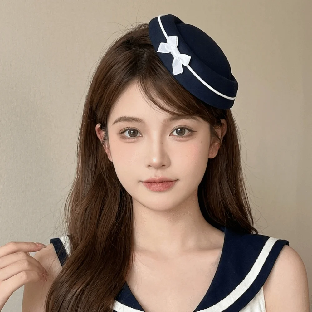 Fashion Hepburn Fedoras Hat Dome Velvet Bow Beret Lolita Formal Hat Hairclip Beret Women