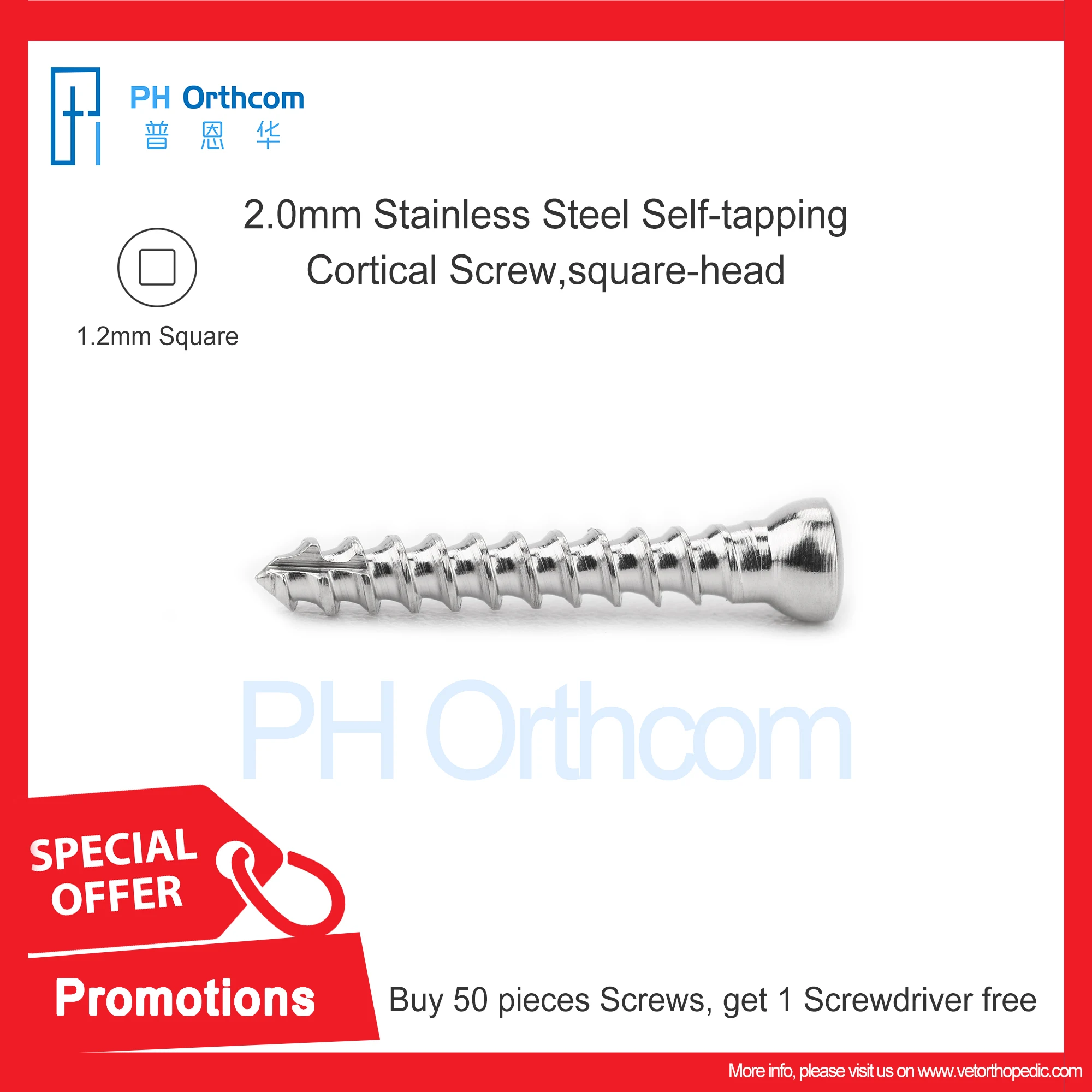 Buy Fifty Pieces Screws, Get One Screwdriver Free! Act Now! 2.0mm Stainless Steel Self-tapping Cortical Screw Square-head