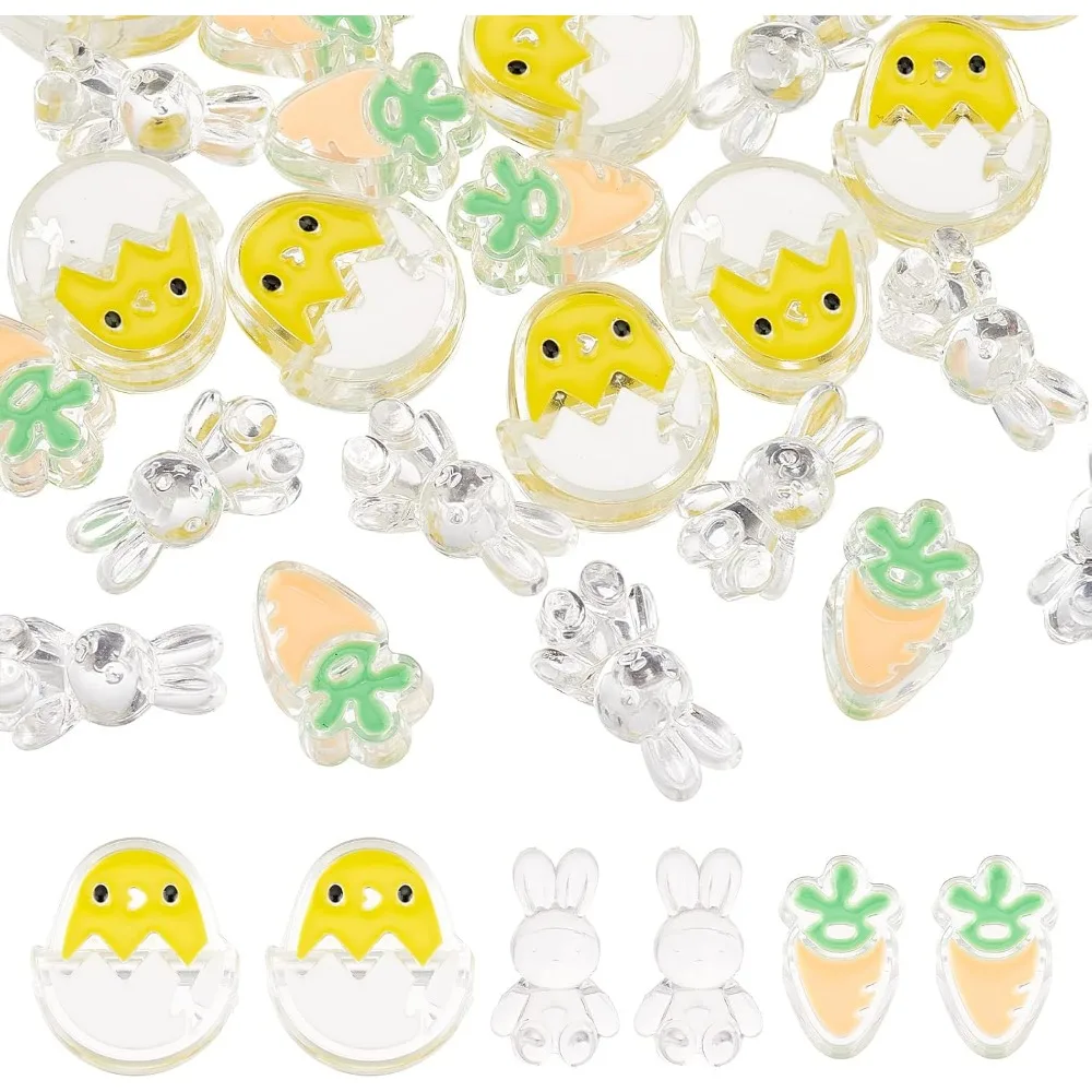 30Pcs 3 Styles Easter Beads Bunny Chicken Rabbit Eggs Carrot Vegetable Spring Acrylic Cartoon Spacer Loose Bead