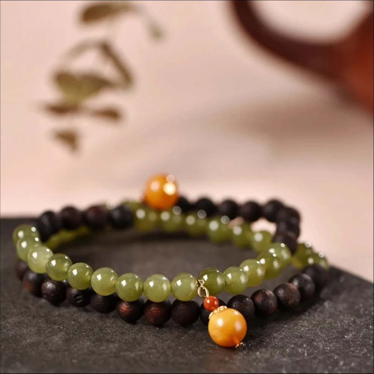 Natural Myanmar Falling True Fragrance 6mm Hetian Jade Double Ring Bracelet Black Oil Submerged Grade Muse Antique Zen Bracelet