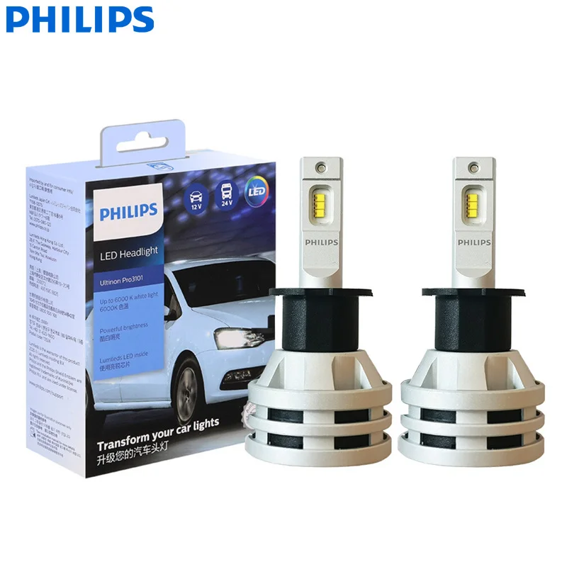 Philips LED Ultinon Pro3101 H3 Car LED Fog Light 6000K Cold White Lamps 12V/24V PK22s Bright Auto Headlight 11336U3101X2, Pair