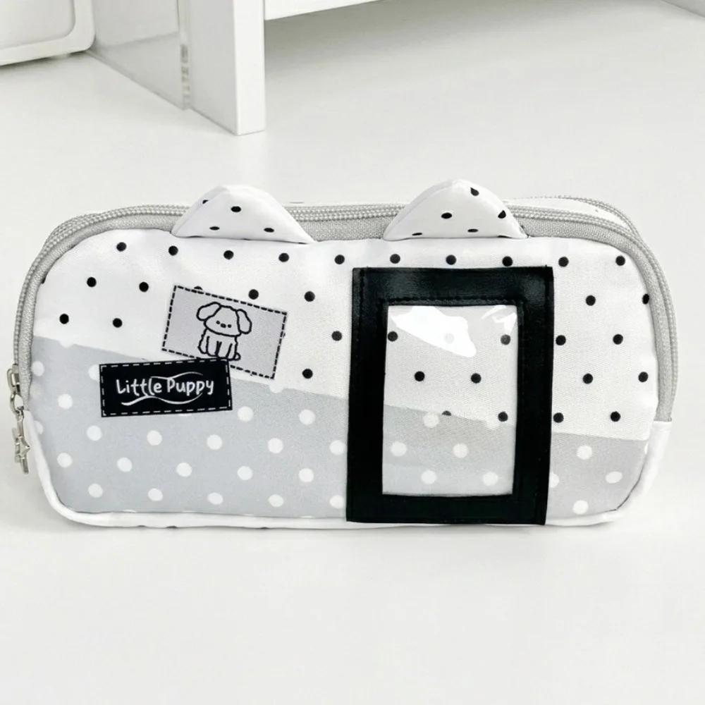 Polka Dot Puppy Print Pencil Case with Photo Window Double Layer Pen Bag Large Capacity Portable Stationery Organizer