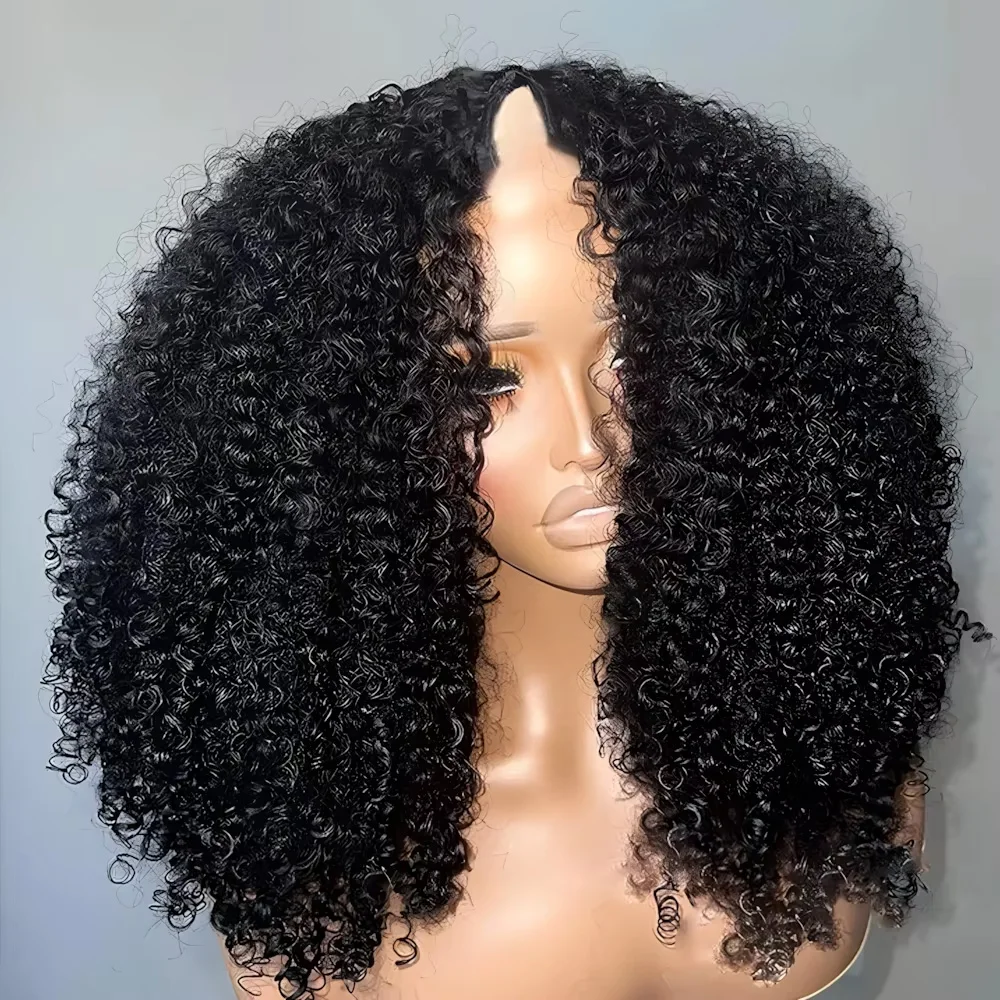 

V-образный парик из натуральных волос Kinky Curly Remy, бесклеевой, готовый к ношению, парик 200, плотность 32 дюйма, естественный вид, парик из натуральных волос для женщин