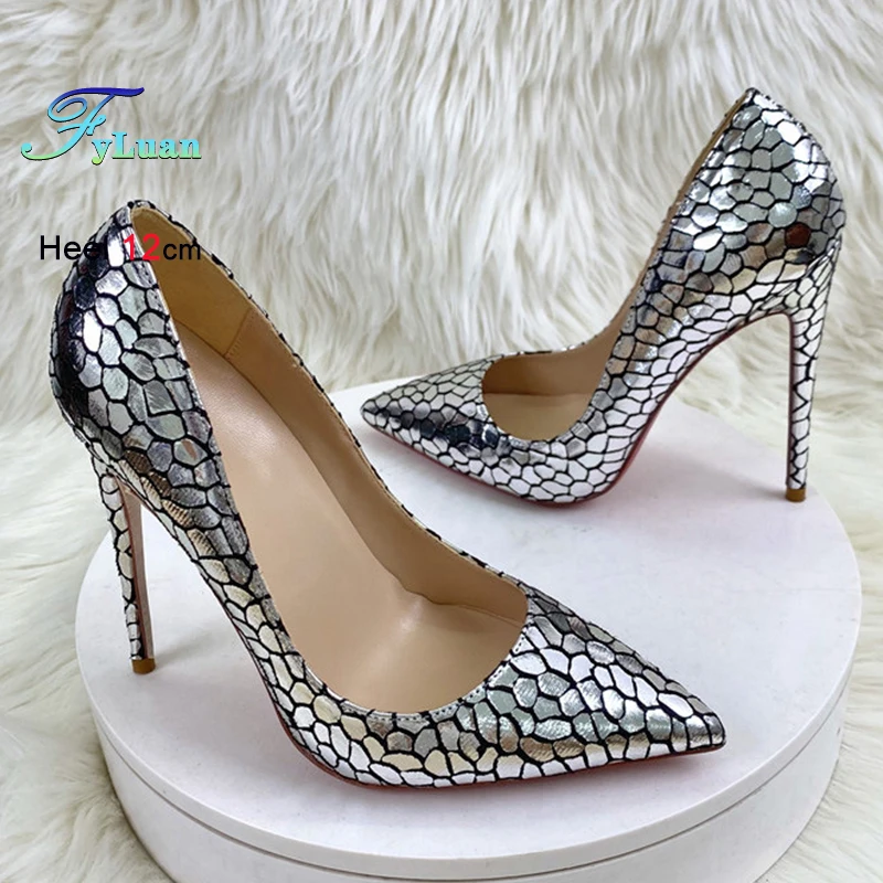 

New 12cm High Heel Women's Pumps Fashion Silver Stone Pattern Lady Shoes Sexy Thin Heel Pointed Toe Shallow Mouth Single Shoes