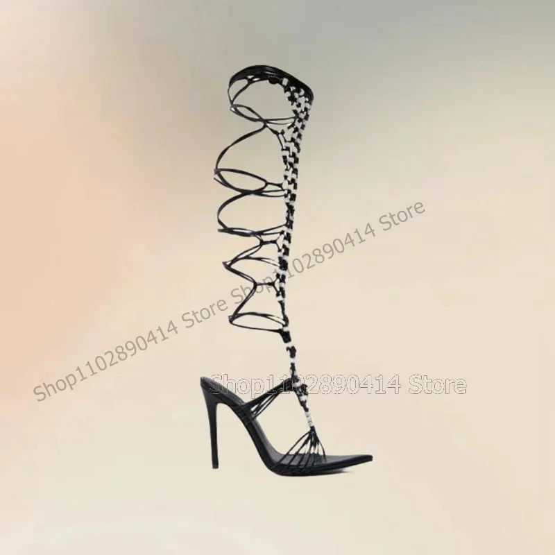

Black Knitted Design Strappy Cut Heel Sandals Boots Back Strap Women Shoes Thin High Heels New Fashion 2026 Zapatos Para Mujere
