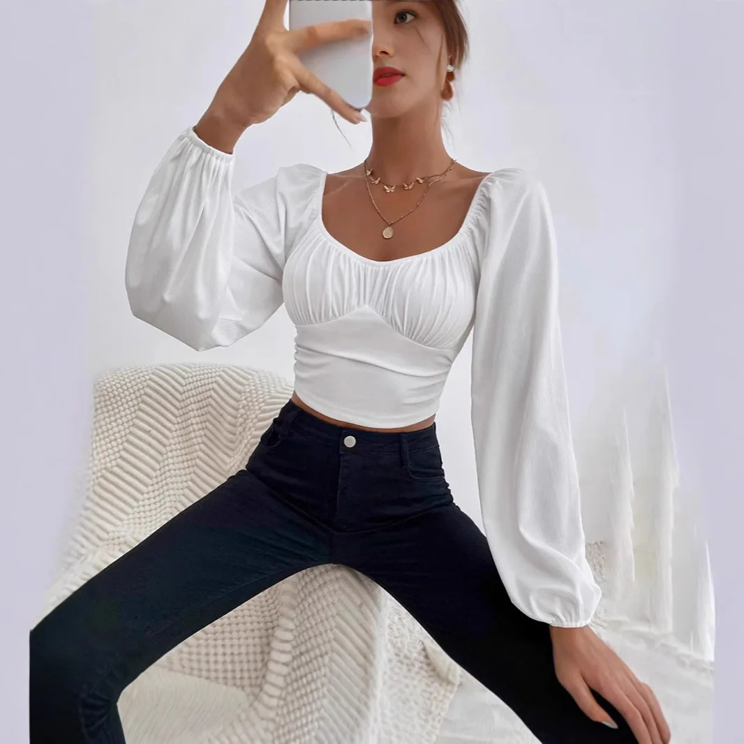 

Square Neck Lantern Sleeve Temperament Short Solid Color Slim And Thin Elastic Bottoming Top Spring And Summer New Fashion Women
