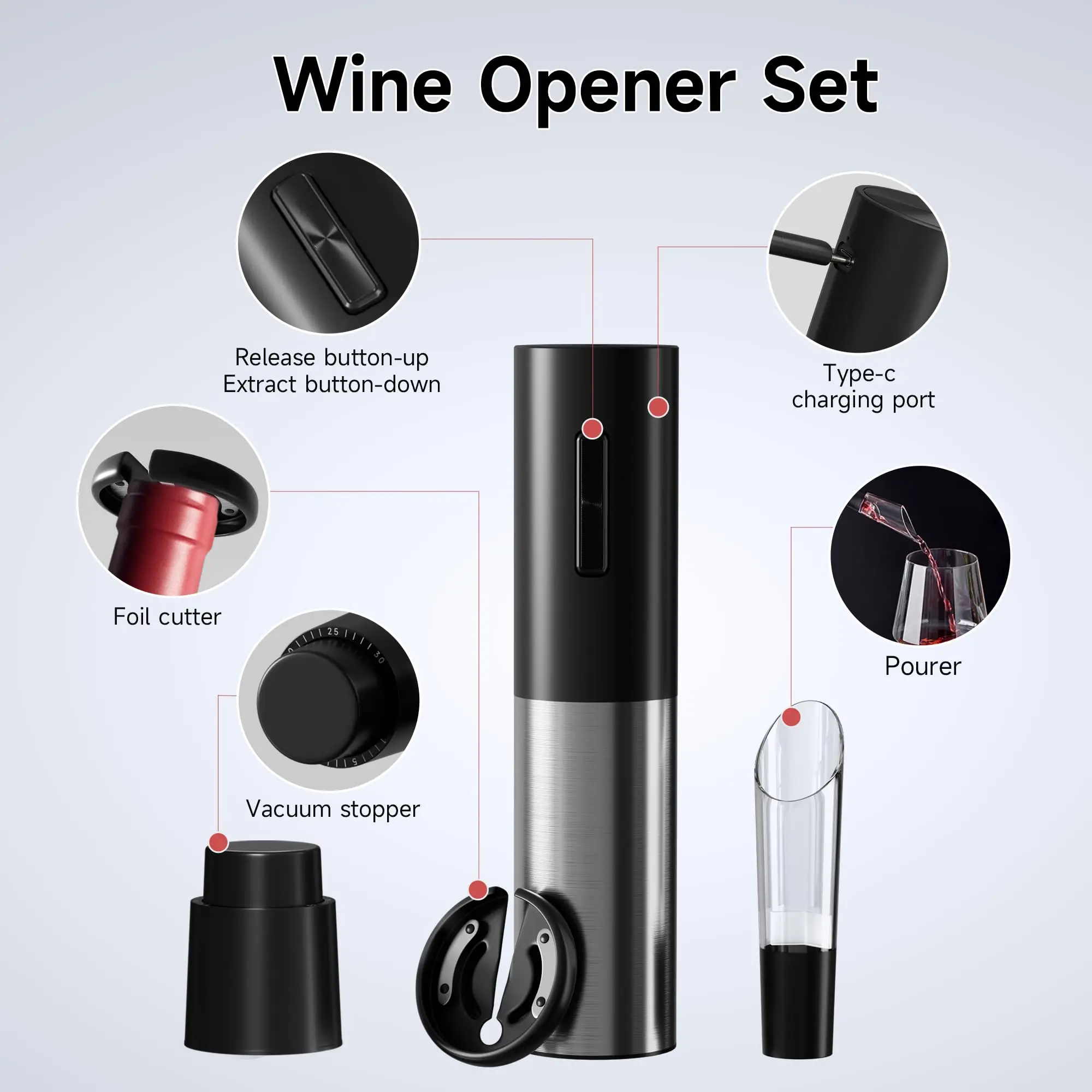 Kitchen Automatic Electric Wine Openers USB Rechargeable Red Wine Bottle Openers Electric Corkscrew with Wine Pourer Foil Cutter