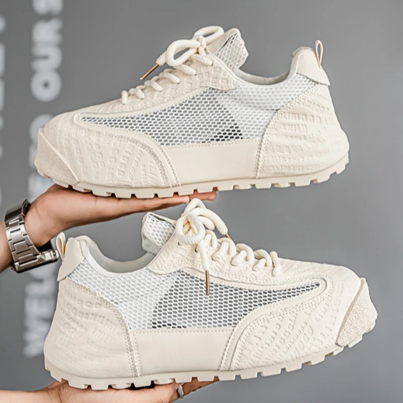 

New Spring Men's Large-sized Round-toe Spliced Mesh Large Mesh Breathable and Fashionable Thick-soled Flat Casual Shoes