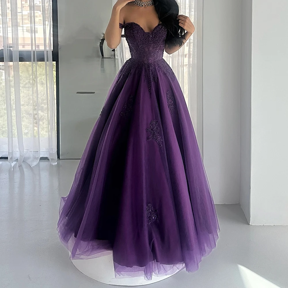 

Customized A-line Evening Dresses Floor-length Off The Shoulder Sleeveless Prom Gown Fashion Sequined Flowers Draped Party Gown