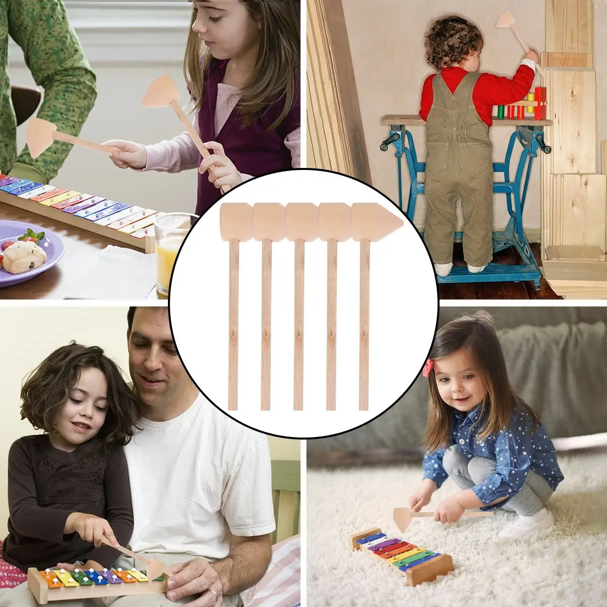 

5pcs Wooden Hammer For Kids Wood Hammer Mini Mallets Small Hammers Educational Baby Hand Eye Coordination Safe Smooth