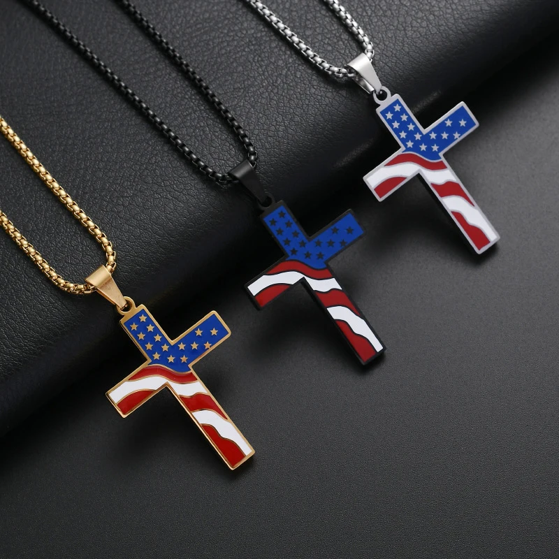 Amerikanische USA-Flaggen-Halskette für Männer, Edelstahl-Kreuzanhänger-Kette für Frauen, die Sterne und Streifen, Schmuck, Geschenk