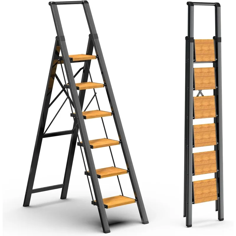 6 Step Ladder for 12 Feet High Ceiling, Lightweight Aluminum Folding Step Stool with Convenient Handgrip, Stepladders With