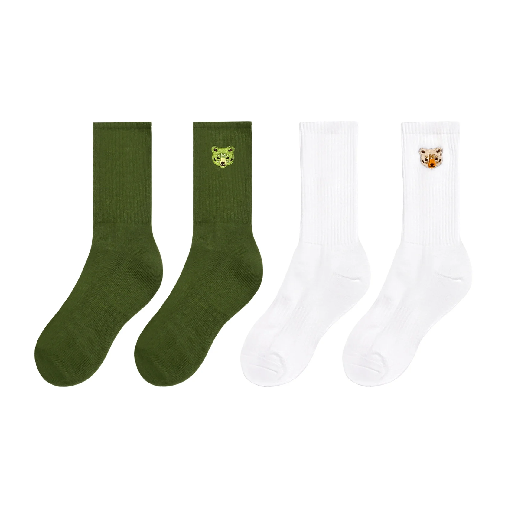Top Quality One Pair Men Bear Head Embroidery Cotton Socks, High Quality Man Sporting WILDNESS Thick Socks, White/Army Green view 2