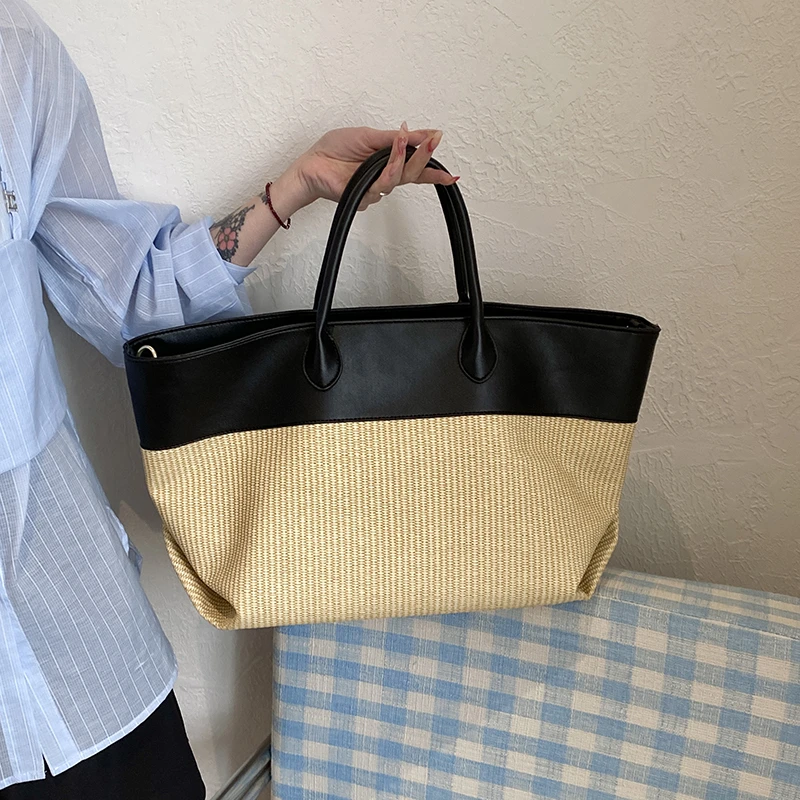 luxury-design-raffia-woven-straw-tote-bag-patchwork-pu-leather-large-capacity-beach-vacation-handbag-daily-work-commuter-2026