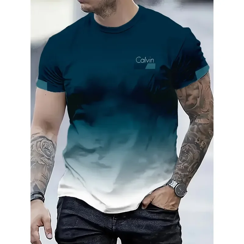 2026 Men T Shirt Turquoise Gold Wave Abstract Pattern Round Neck Short Sleeve Breathable Summer Gradient 3D Polyester Printed