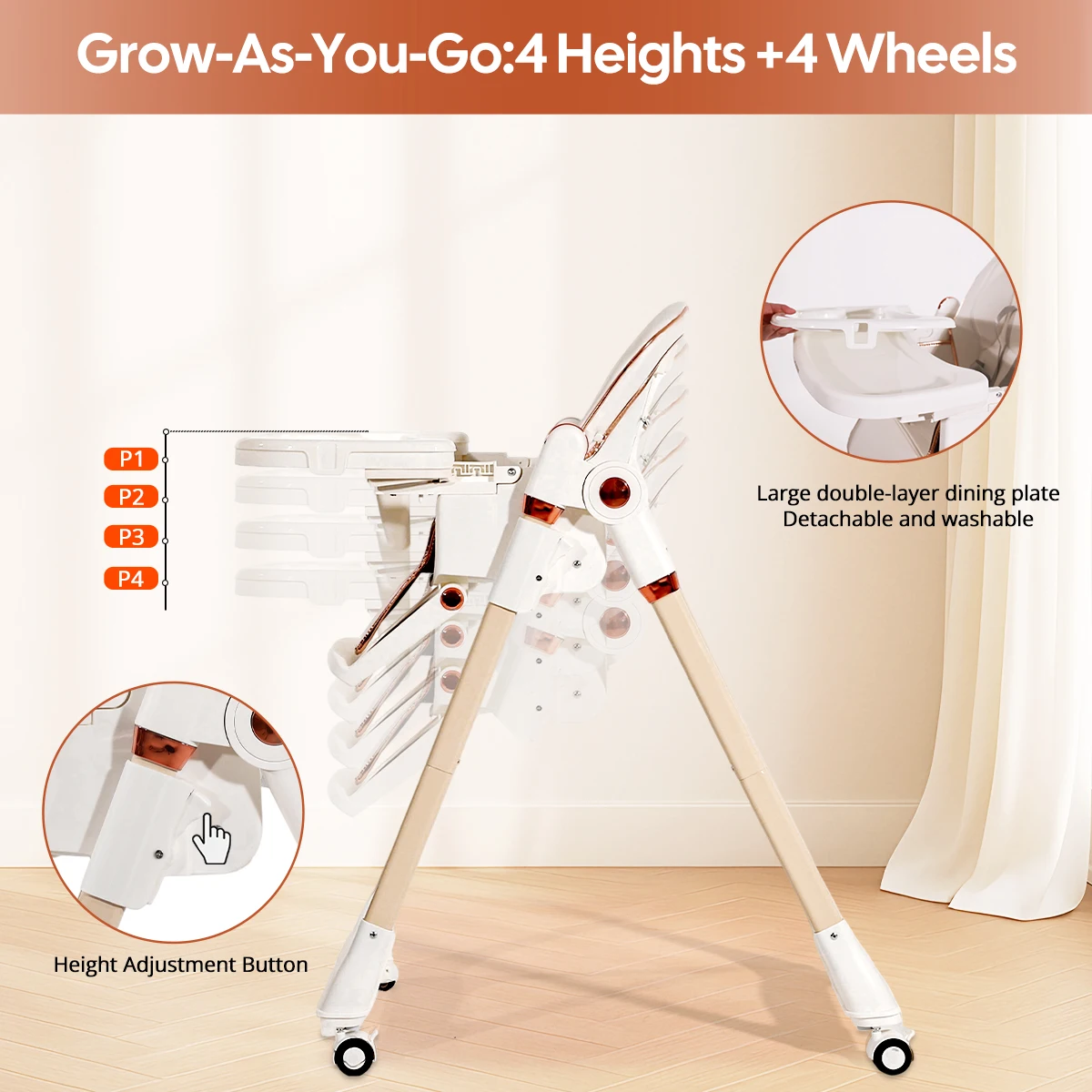 折りたたみ式ベビーハイチェア、ベビーハイチェア、二層式ディナープレート、シートは複数の段階で調整可能、6ヶ月以上