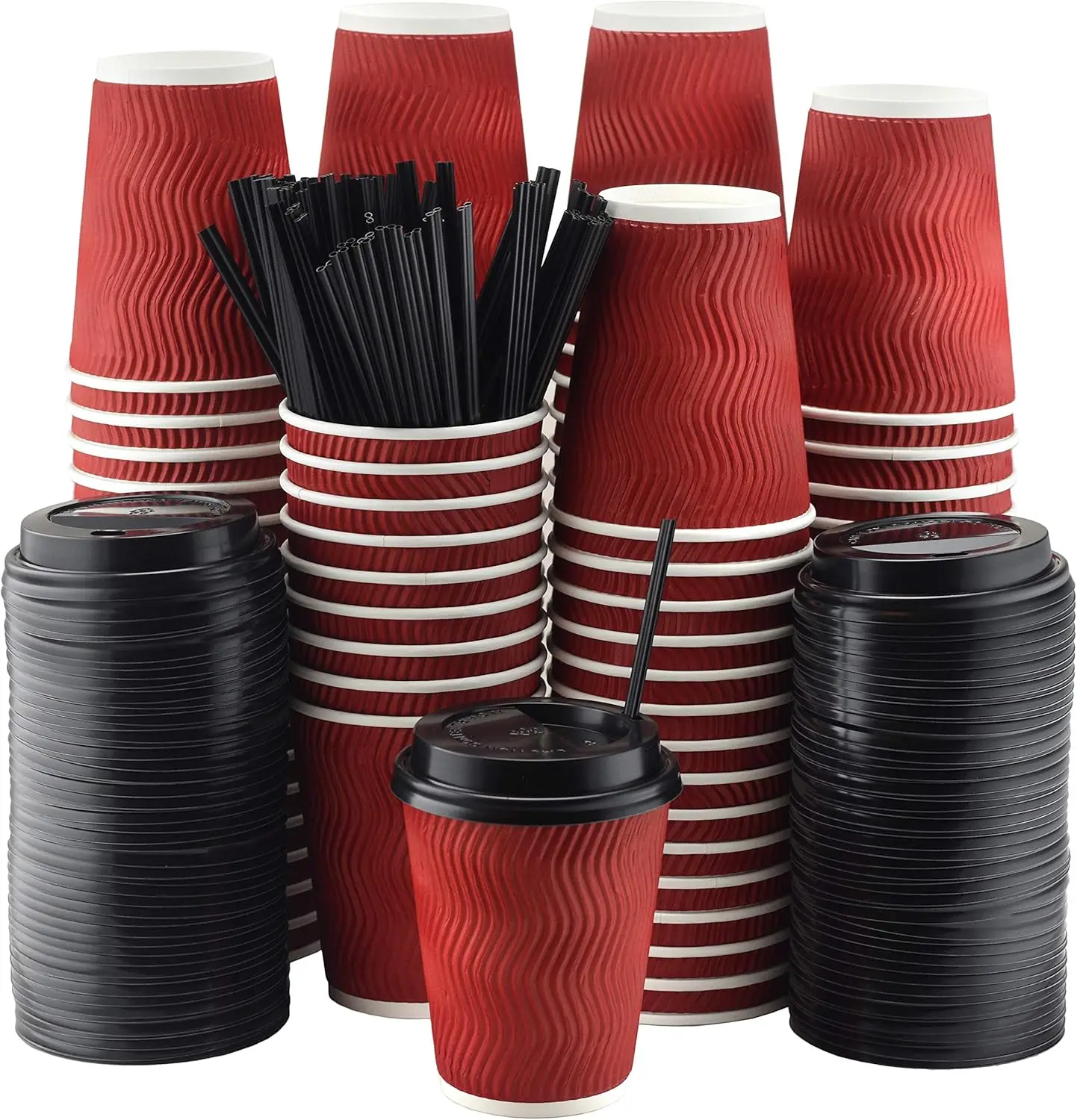 

Pack of 100 12 oz Red Paper Cups with Black lids Coffee Cups Disposable BPA Free Insulated Kraft
