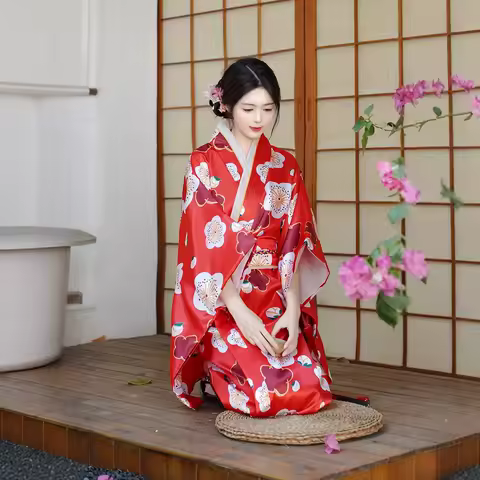 Vintage Traditional Kimono With Obi Japanese Yukata Geisha Kimono Robe Women Evening Dress Novelty Cosplay Costume Bathrobe