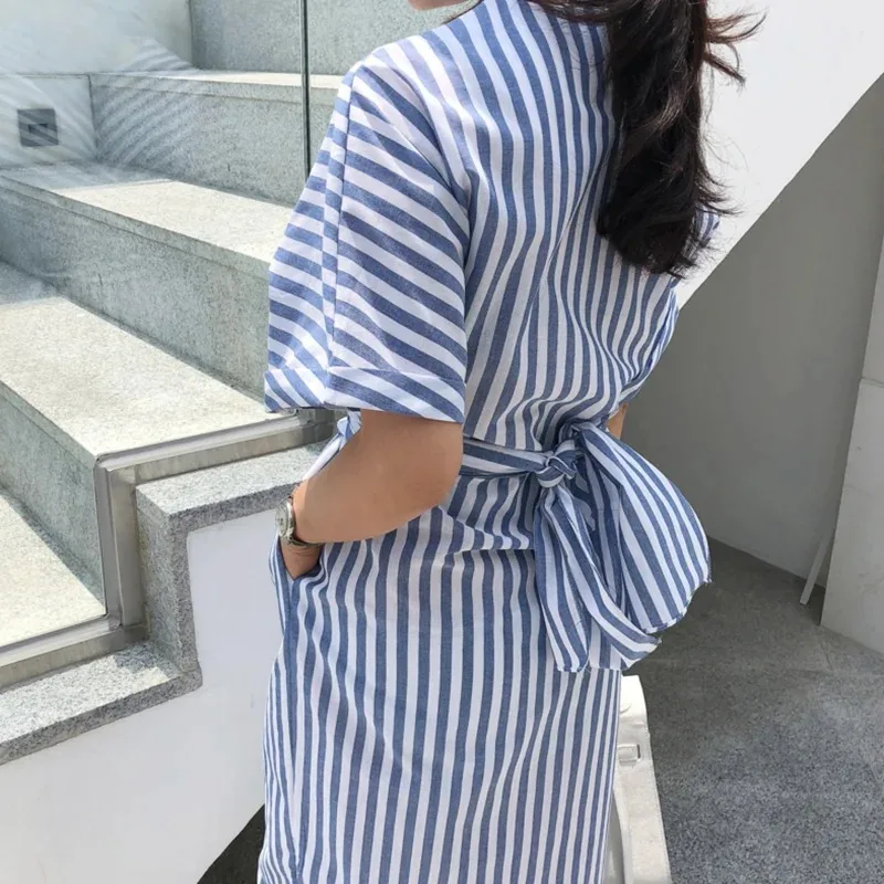 2023 Sprig and Summer New Fashion Striped Cross Bandage Dress Cotton Blue Split Bodycon Plus Size New Robe Vestidos Femme Dress