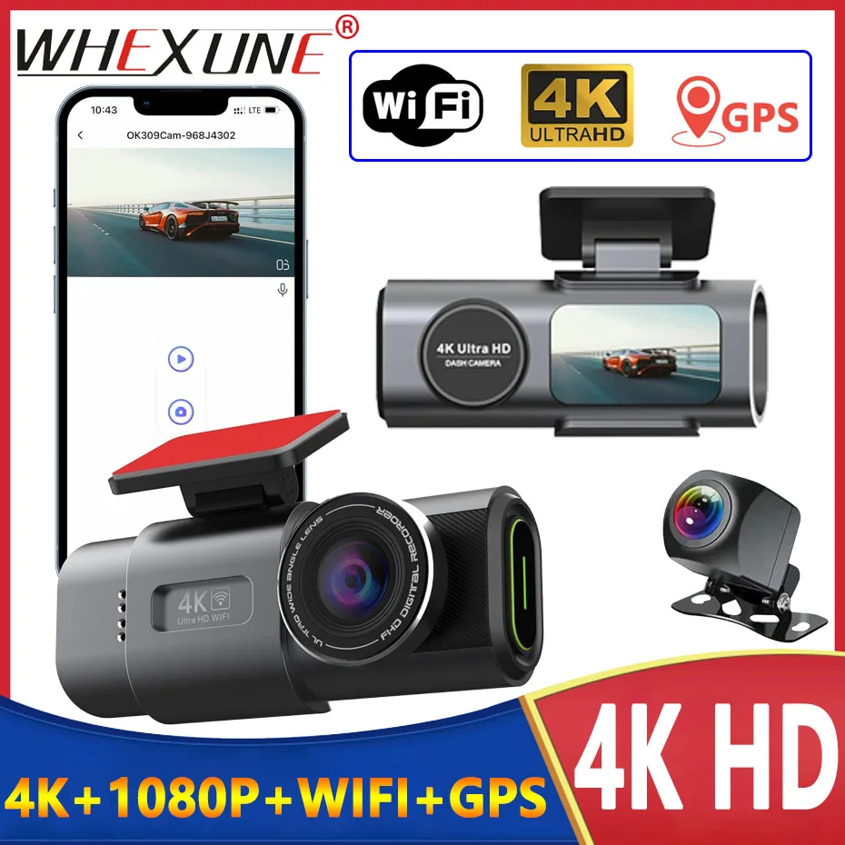 

WHEXUNE 4K Dashcam Mini Camera Recorder GPS Wifi 24H Parking Dual Lens With 1080P Rearview Camera Night Vision Black Box For Car