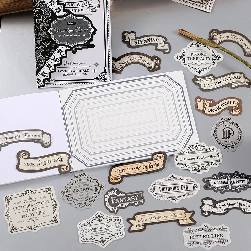 4 Styles Vintage Label Border Stickers Retro Banner Text Geometric Frame Stickers For Journal Scrapbooking DIY Collage Crafts
