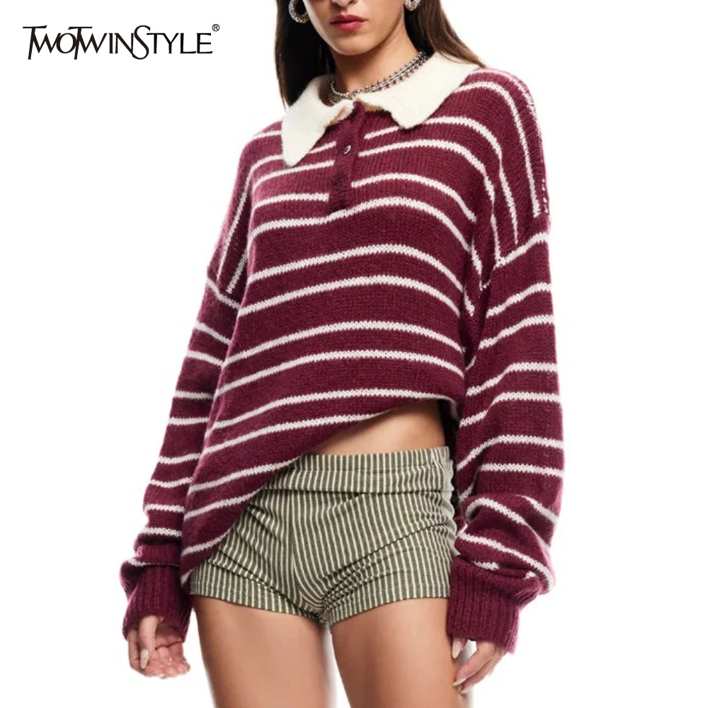 

TWOTWINSTYLE Striped Basics Autumn Sweater for Women Polo Neak Dropped Shoulder Sleeves Patchwork Buttons Pullovers Female Style