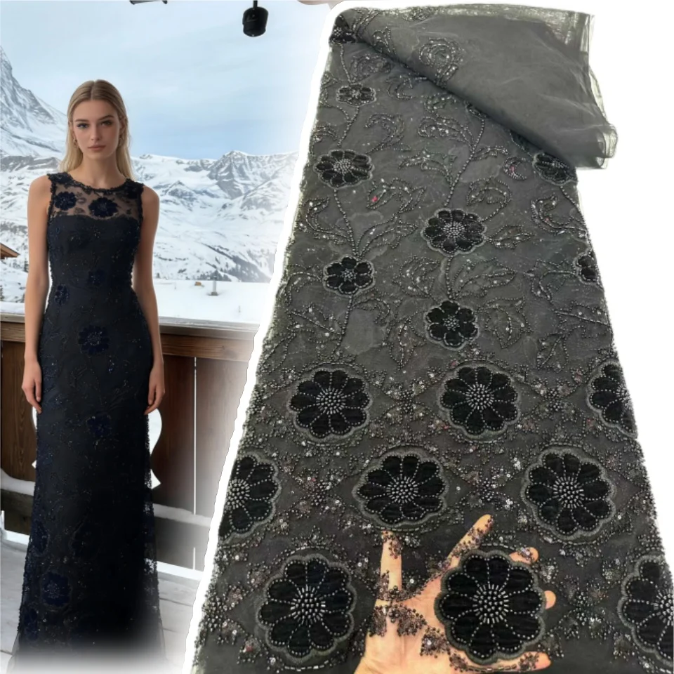 

Luxury African Lace Fabric 5 Yards Velvet Lace Beaded Tulle Lace Fabric Embroidered Nigerian Fabric for Wedding Dress Sew SZ1984