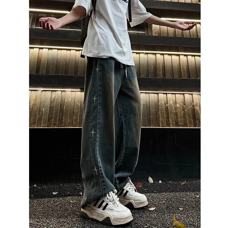 

Waed Retro Blue Embroidered Straight Leg Men's Jeans High Street Wide Leg Long Pants Spring 2024 American Sle Casual Trou...