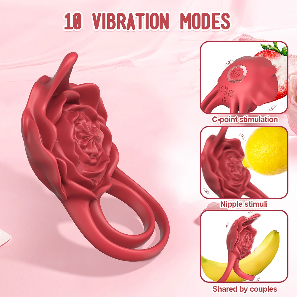 Rose-Penis Ring Vibrator Female G-spot Clitoral Stimulation Male Ejaculation Delay Silicone CockRing Adult Sex Toy for Couples view 3