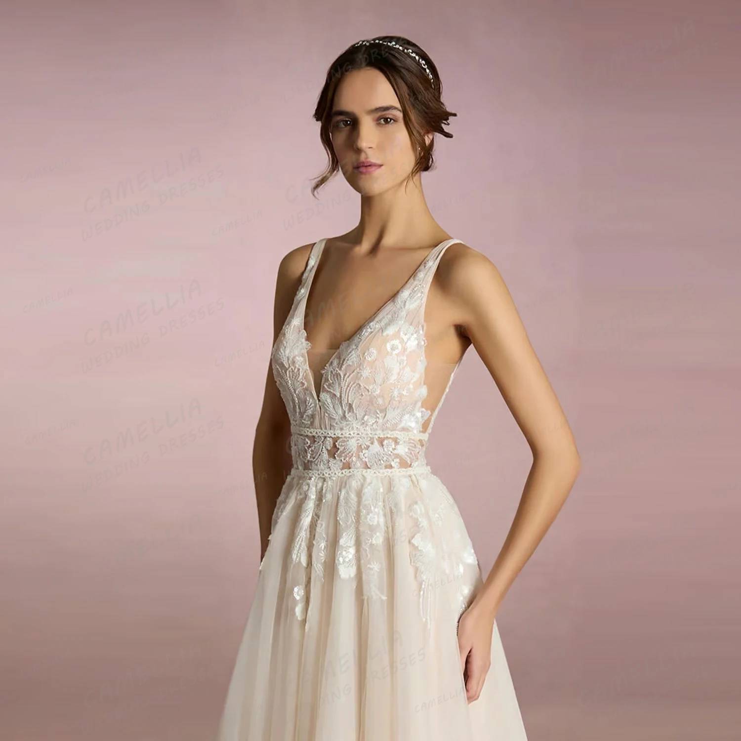 Abiti da sposa linea A da donna semplici Appliques senza maniche scollo a V Backless Sweep Train Abiti da sposa Abiti da sposa personalizzati