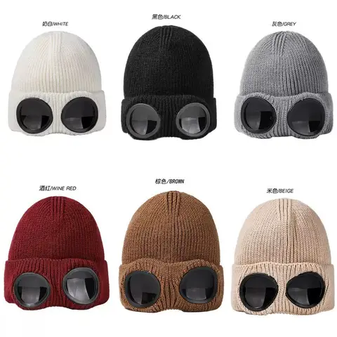 2026 Knitted Goggles Hat Windproof Warm Woolen Hats Elastic Soft Warm Anti-slip Ear Protection Unisex Crew Hat For Men and Women