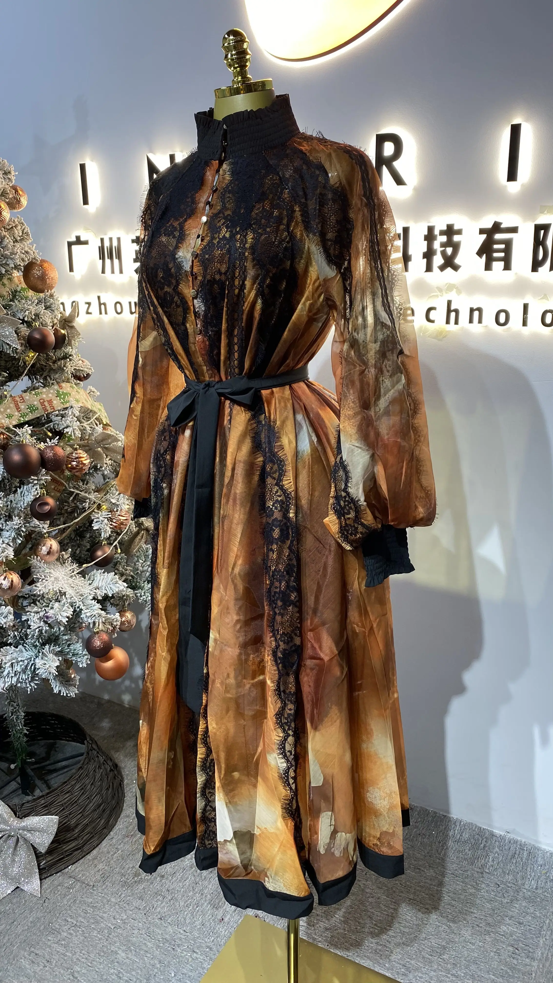 فستان شيفون مقاس كبير للنساء، أكمام فانوس مطبوعة، طويل عطلة الشاطئ كاجوال-GZXX359