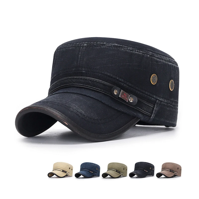 Classic Vintage Washed Cotton Military Caps Flat Top Mens Adjustable Fitted Thicker Cap Sunshade Ear Caps Winter Warm Hat