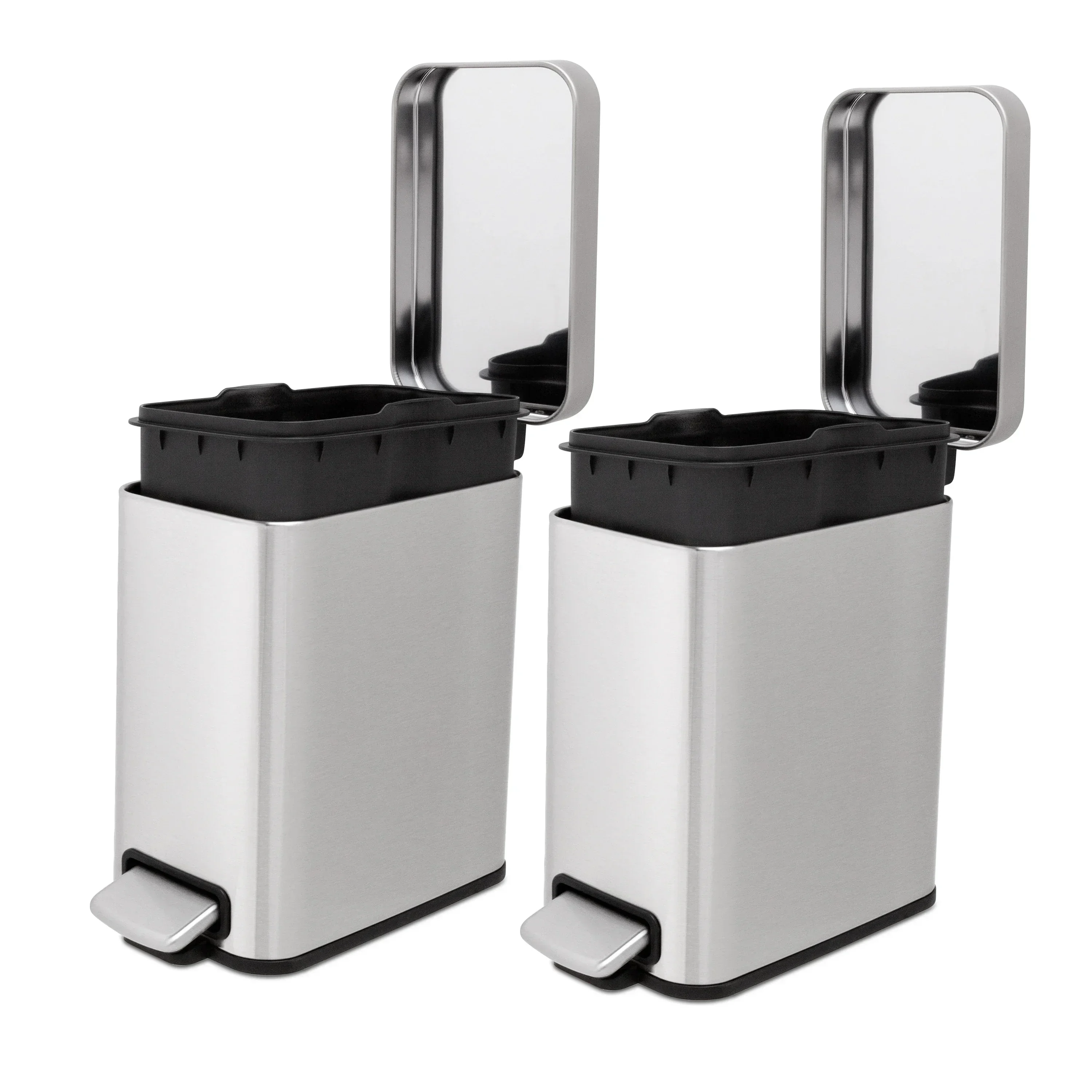 

1.3 Gallon (5L) Stainless Steel Slim Step-On Trash Can 'Twin Pack', Soft-Close Lid, Small Bathroom Garbage Bin Set, Silver