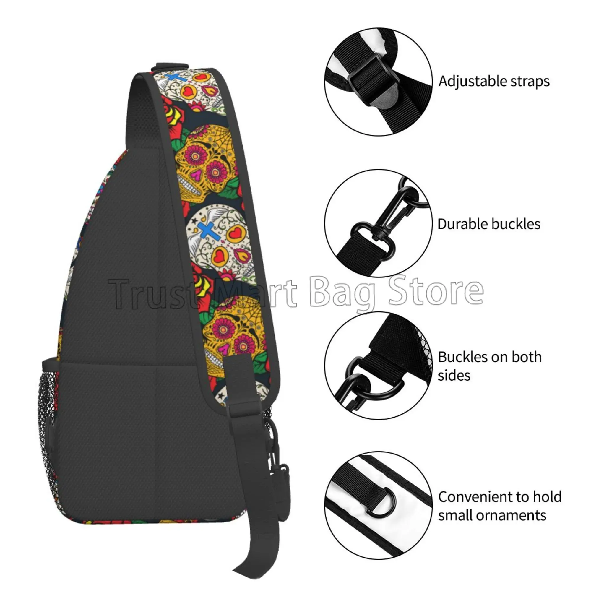 Mexican Sugar Skull Flowers Sling Bag Travel Crossbody Backpack Chest Bags Lightweight Casual Shoulder Daypack for Sport Hiking