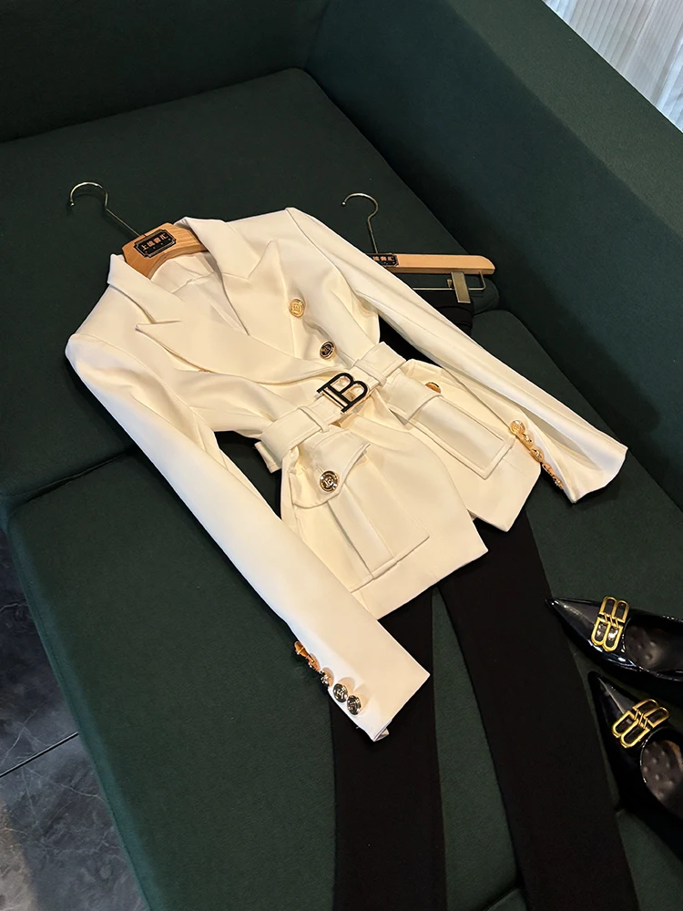 

High Quali Women's Slim Fit Metal Button ket Suit Jaet 2025 Commute Sle Pure Color Long Sve B6965