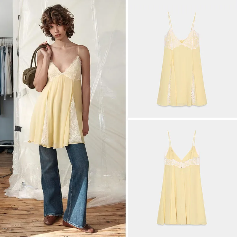 

Весенняя новинка: женское сексуальное платье с V-образным вырезом, кружевными вставками и бретелями, короткое, в этническом стиле, для сценических выступлений, с кружевными вставками