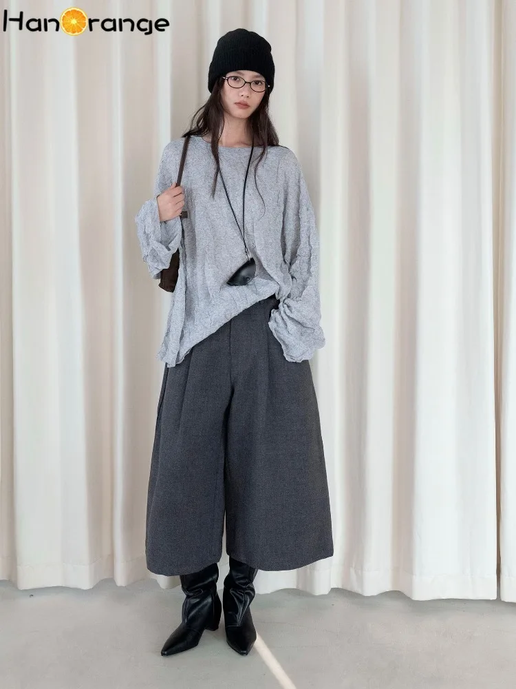 Autumn Winter Women 7/8 Wide Leg Suit Culottes With Belt, Loose Oversized Trousers With Large Pockets