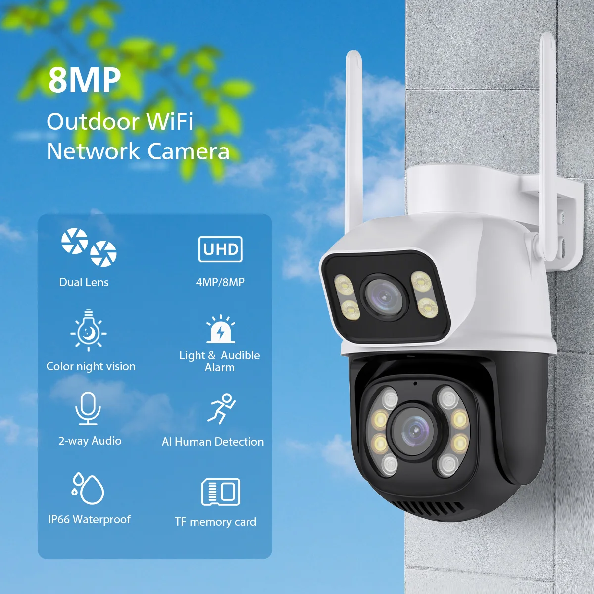 SOVMIKU 8MP 4K Smart PTZ WIFI Surveillance Camera Dual Lens Screen Outdoor Night Vision Auto Track IP Camera Security Protection